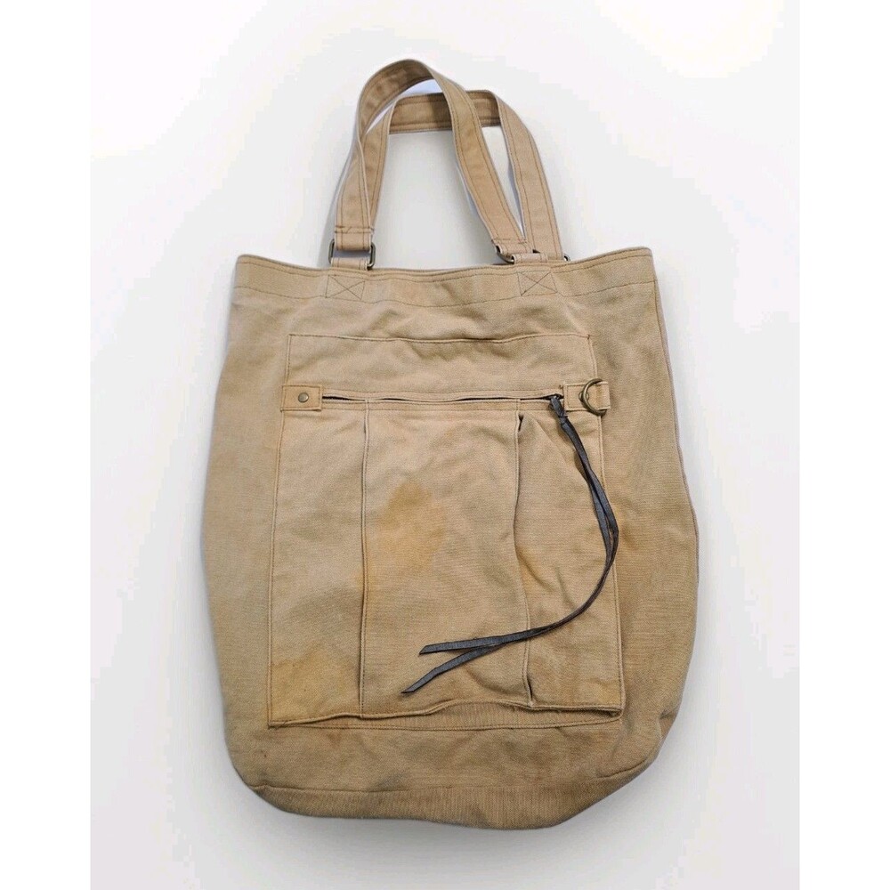 H&M Canvas Tote Bag Shoulder Khaki Distressed Long Retro Vintage Sack